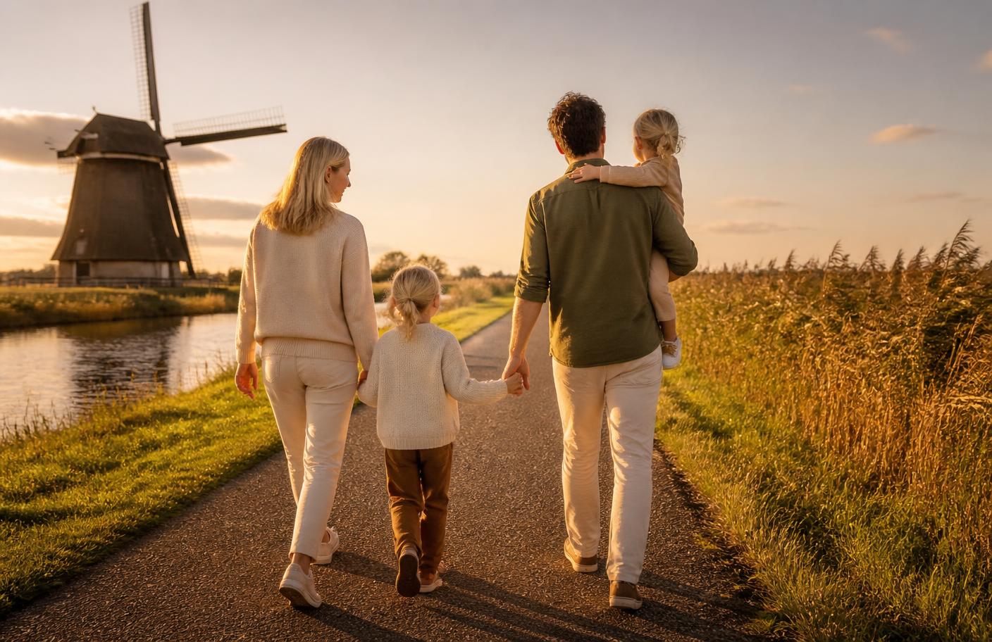 Een gezin wandelt samen over een landweggetje in het late middaglicht