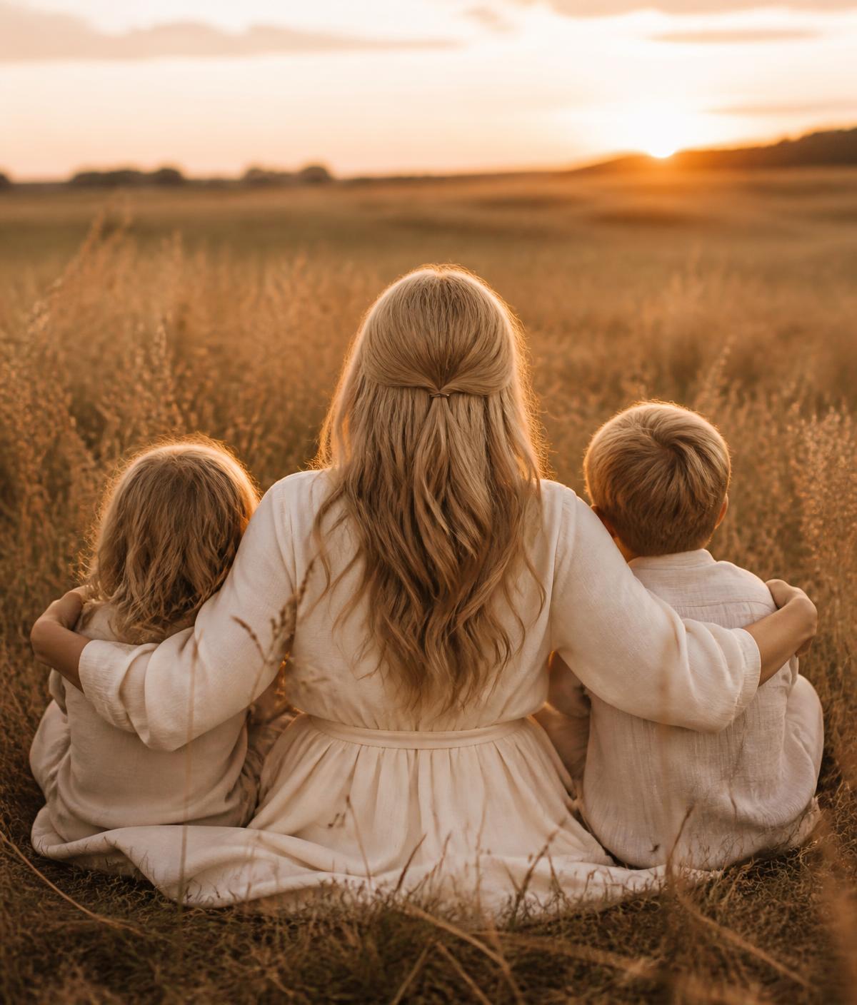 Een moeder zit met haar twee kinderen in een veld en kijkt naar de ondergaande zon