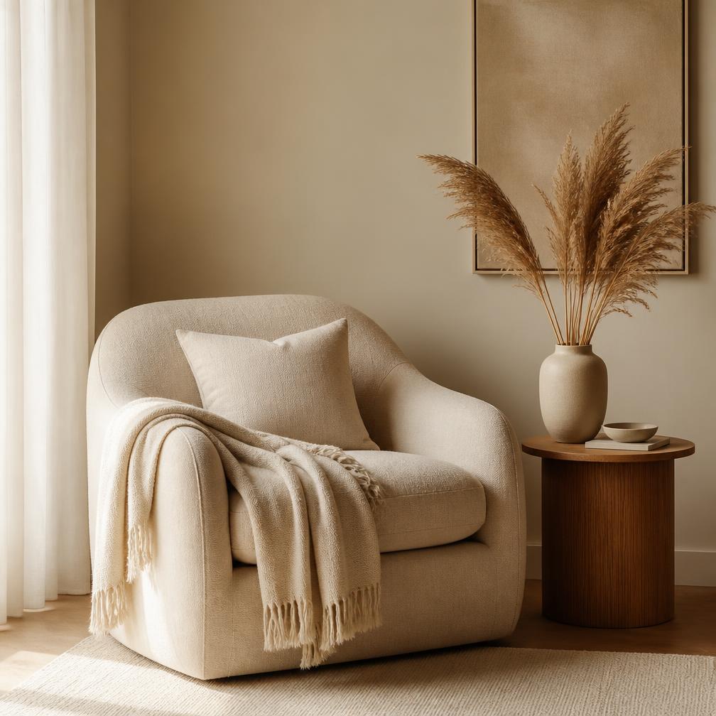 Rustige, warme woonkamerhoek met een beige fauteuil en droogbloemen